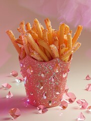 French fries dazzle with glitter in a shimmering pink cup, surrounded by shining gemstones for an artistic effect