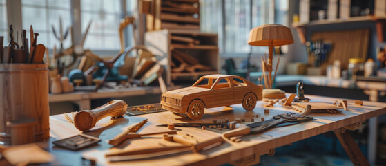 A meticulously detailed wooden car model is displayed on a craftsman's workbench, surrounded by tools and materials in a warm, sunlit workshop.