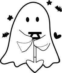 cartoon caped ghost, fun, halloween, line drawing, wear white, coloring book, illustration