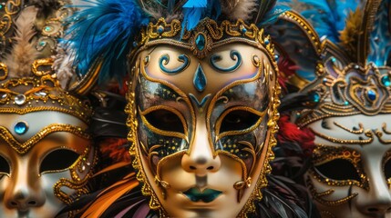 Fototapeta premium Three masks with feathers and jewels on them