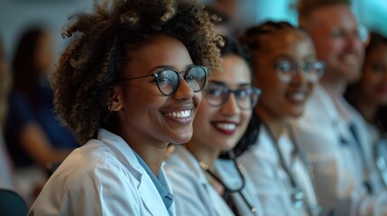 Obraz premium A group of women wearing white lab coats and glasses are smiling at the camera