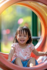 A little girl is sitting on a slide, smiling and laughing