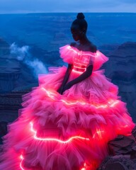 An illuminated pink gown worn by a mannequin with a grand canyon backdrop, lit in ethereal twilight