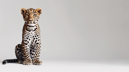 Naklejka premium A cute leopard sitting on a solid background with space above for text, Generative AI