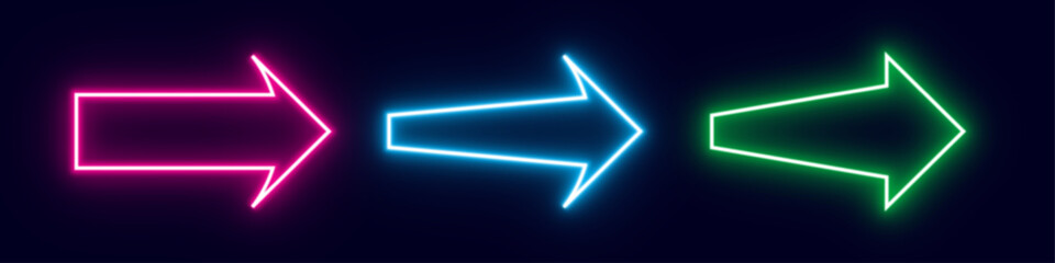 neon arrow icon with blue  violet and orgreen bright light on dark background. three ( 3 ) arrows sign vector for element of ilustration design 