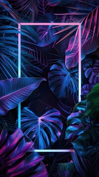 Purple neon frame surrounded by palm branches. Glowing neon border. Jungle summer disco party. Exotic design for card, banner, poster, fyer.