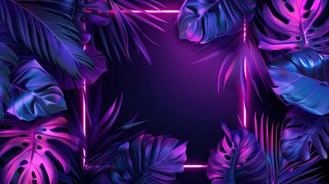 Purple neon frame surrounded by palm branches. Glowing neon border. Jungle summer disco party. Exotic design for card, banner, poster, fyer.
