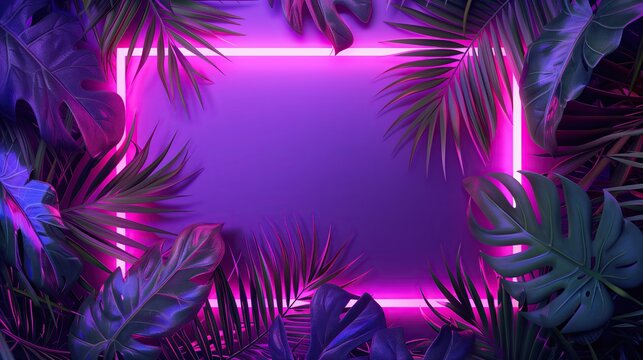 Purple neon frame surrounded by palm branches. Glowing neon border. Jungle summer disco party. Exotic design for card, banner, poster, fyer.