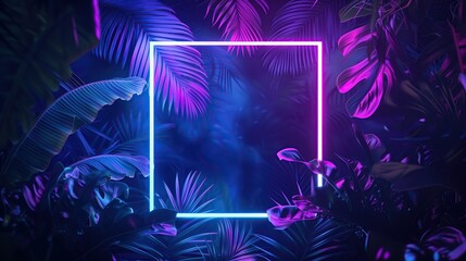 Background with tropical leaves and neon light
Modern minimalism. Neon frame on palm with dark background. 