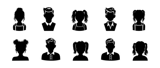 Avatar of young girl and boy front view profile silhouette black filled vector Illustration icon.