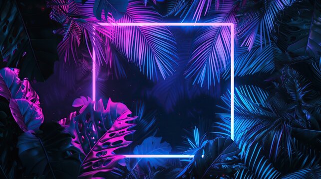 Purple neon frame surrounded by palm branches. Glowing neon border. Jungle summer disco party. Exotic design for card, banner, poster, fyer.