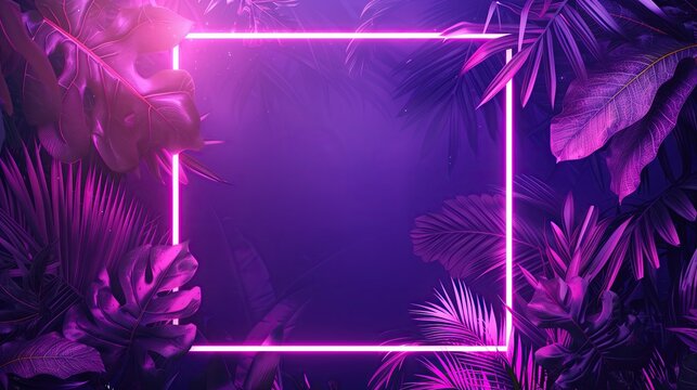 Purple neon frame surrounded by palm branches. Glowing neon border. Jungle summer disco party. Exotic design for card, banner, poster, fyer.