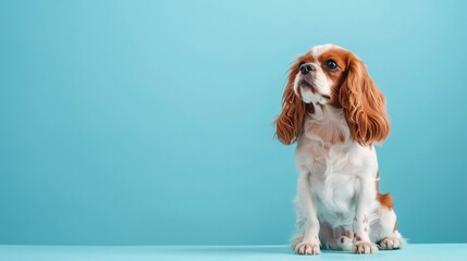 Affectionate Cavalier King Charles Spaniel sitting lovingly on a soft blue surface, offering a gentle space for your text overlay, Generative AI