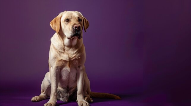 Affectionate Labrador Retriever sitting lovingly on a deep purple surface, ideal for showcasing your message or logo, Generative AI