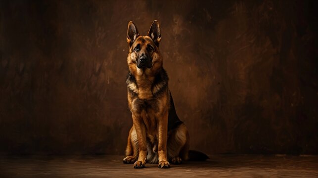 Confident German Shepherd sitting proudly on a rich brown backdrop, ideal for showcasing your message or branding, Generative AI