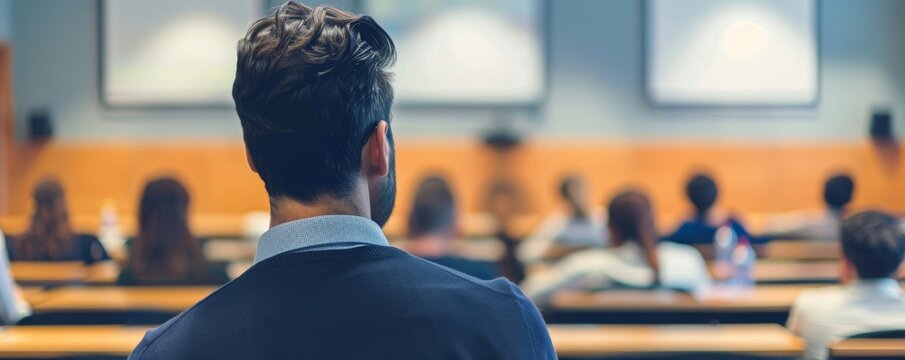 A man confidently heads forward to present.