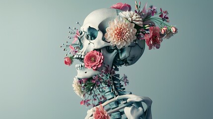 Surreal Skeleton with Blooming Flowers - Artistic Fusion of Life and Death in a Modern, Abstract, and Conceptual Style