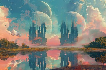Two identical yet subtly different futuristic cityscapes reflect in a still lake under a multicolored sky with multiple moons. Generative AI