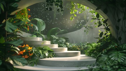 Fototapeta premium Serene Modern Garden with Curved Steps and Lush Greenery, Sunlight Filtering Through Leaves, Creating a Peaceful and Tranquil Atmosphere, Perfect for Nature, Architecture, and Interior Design Themes