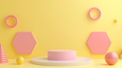 Minimalist Abstract Geometric Background with Yellow and Pink Shapes, 3D Rendering, Modern Design, Creative Display, Vibrant Colors, Hexagons, Circles, and Spheres, Perfect for Presentations and