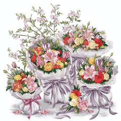 beautiful pink roses bouquet over white background