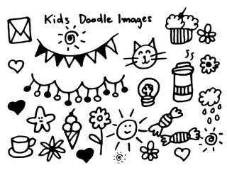Kids element line art doodle hand drawing black and white cartoon set