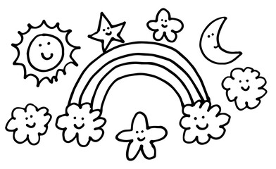 Sun could moon star rainbow kids elements doodle hand drawn cartoon