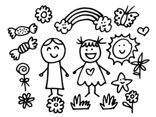 Kids element line art doodle hand drawing black and white cartoon set