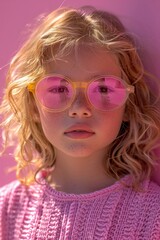Portrait of a young girl with pink sunglasses and a textured pink sweater against a pink background