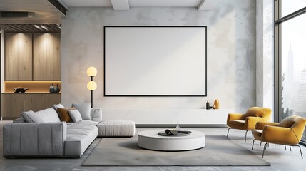 Design room interior wall with decorative sofa. Floor style is modern with furniture frame. White poster background canvas blank home living mock template empty creative