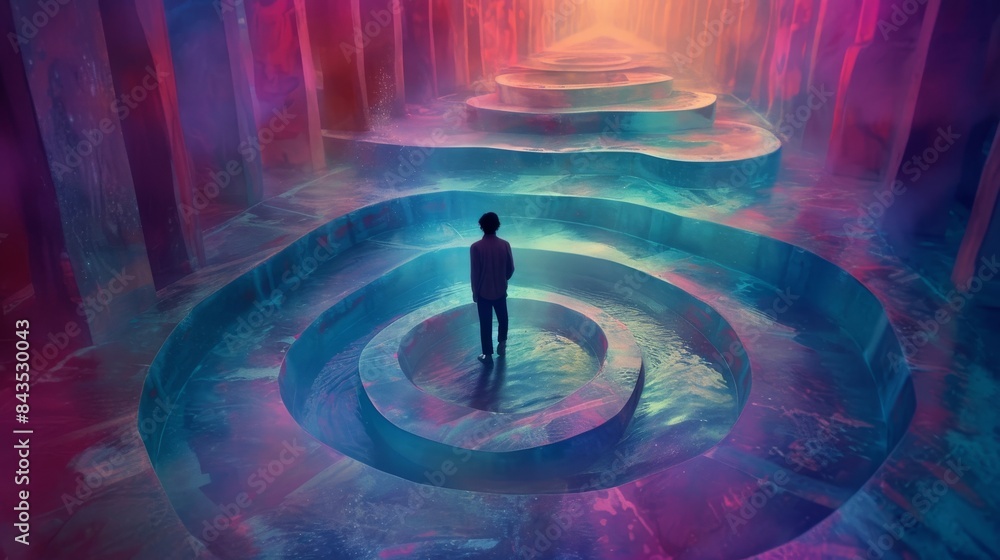 Aufkleber imagine a cinematic scene where the inner world of the main character is presented as a colorful and