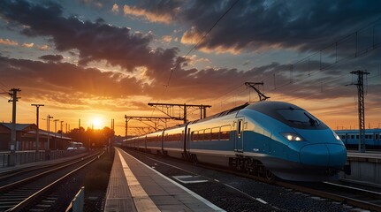 Naklejka premium Modern high speed commuter train on the railway station.generative.ai