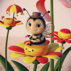 Fototapeta premium Cute bee and flower in cartoon style. 3D illustration. bee hovering above a vibrant flower. Modern trendy kids book illustration. bee and flower icon