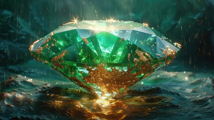 emerald in gold ruby on a velvet background, photorealism, high detail 