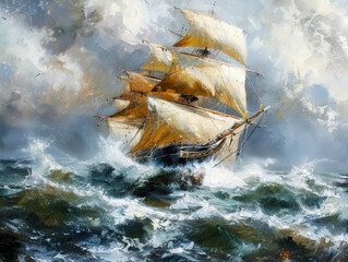 Hyperrealistic painting of a classic sailing ship navigating rough seas