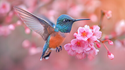beautiful colourful hummingbird with pink flower bunch.