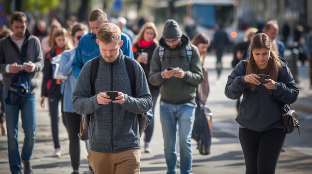 People walking on a city street, all looking at their smartphones. The image captures the modern phenomenon of constant phone use in public spaces.
