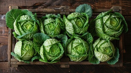 food photography, a rustic composition of whole green cabbage heads arranged in a wooden crate, captured with a wide-angle lens to showcase the natural beauty and symmetry of the vegetables