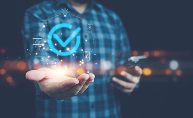 ISO standards quality control, assurance and warranty business technology concept. Businessman...