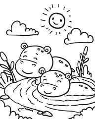 the hippos outline design. coloring book
