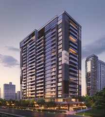 architectural rendering, exterior view, luxury high rise, residential building