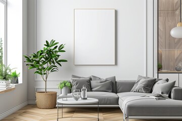 Modern room with floor and interior wall design. Home furniture frame, modern style sofa. Decorative background, living blank template. Picture house white wooden poster,