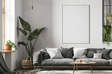Modern room interior frame, style on modern floor wall. Design living furniture, decorative home. White sofa in house, image background mock up. Indoor lifestyle poster,