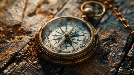 Antique compass on vintage map under soft light, symbolizing adventure and navigation