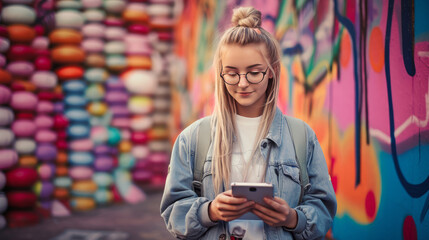 Obraz premium teen girl using phone on graffiti wall