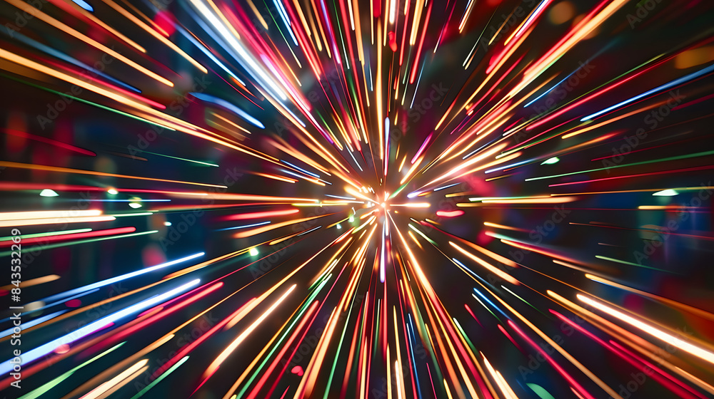 Poster vibrant, multicolored light streaks radiate from a central point against a dark background, creating
