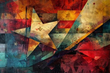 Naklejka premium Colorful abstract painting with geometric shapes and stars, 4th July, independence day