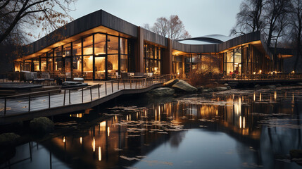 a modern two-story wooden office building  