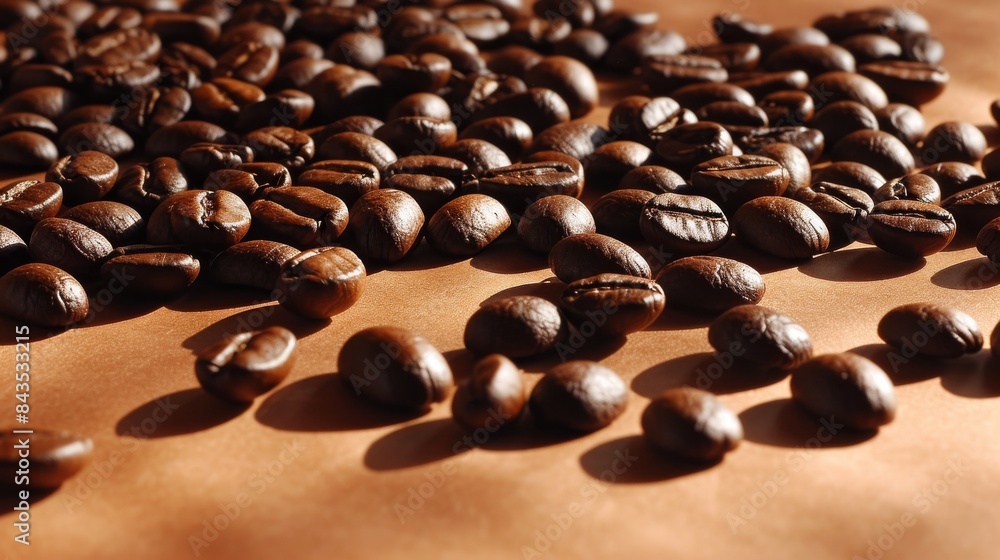 Aufkleber coffee beans are scattered on a brown background in a circular pattern, creating light and shadow ef