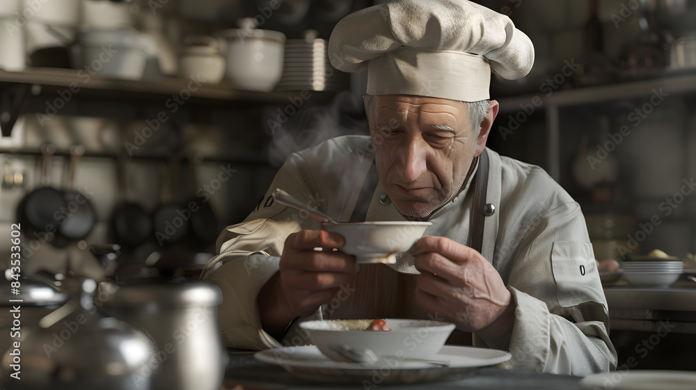 Poster 3d model of a south american chef in a toque and apron tasting a soup. sparse environment.